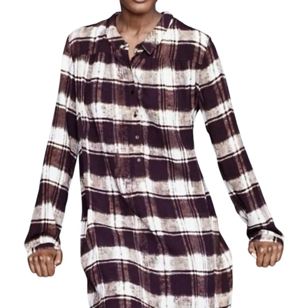 Garnet Hill Tunic Top Women 6 Purple Plaid Crepe Popover Shirt Casual Cottage